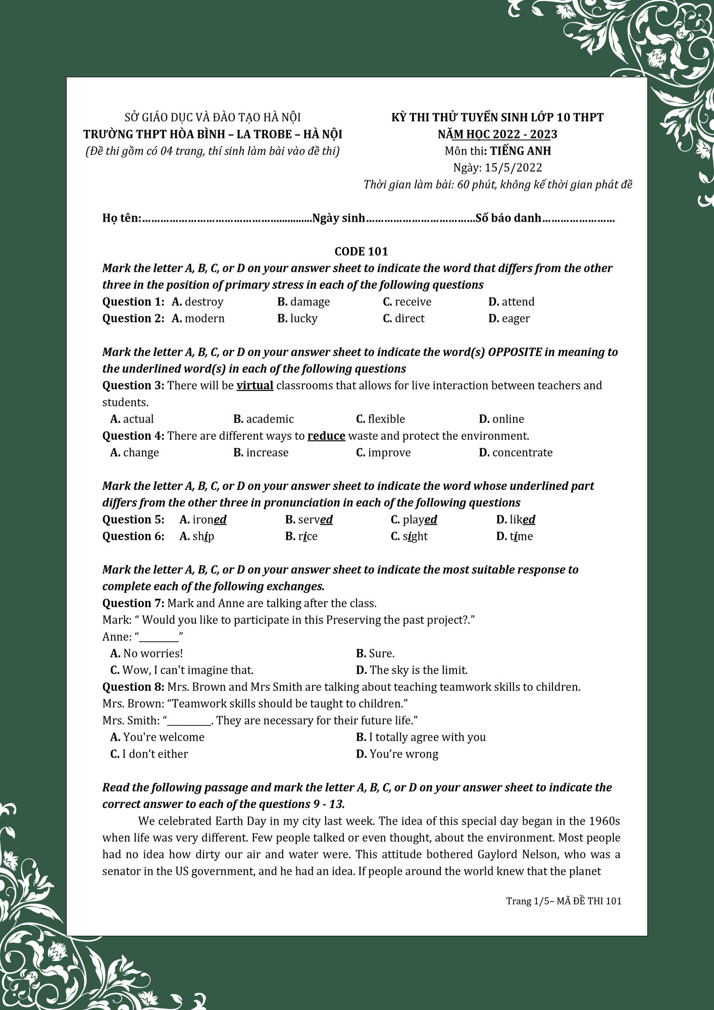 Đề thi thử vào lớp 10 của Hòa Bình - La Trobe - Hà Nội 4
