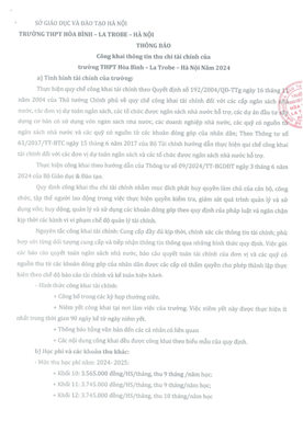 Thông báo công khai thu chi trường THPT Hòa Bình - La Trobe - Hà Nội, năm 2024 