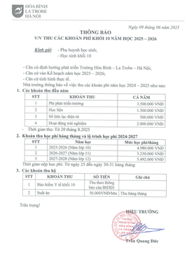 Thông báo học phí và các khoản thu năm học 2025-2026 