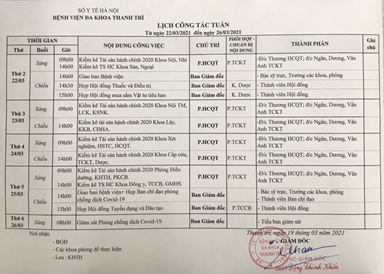 Lịch Công Tác Tuần (22/3/2021 đến 26/3/2021)