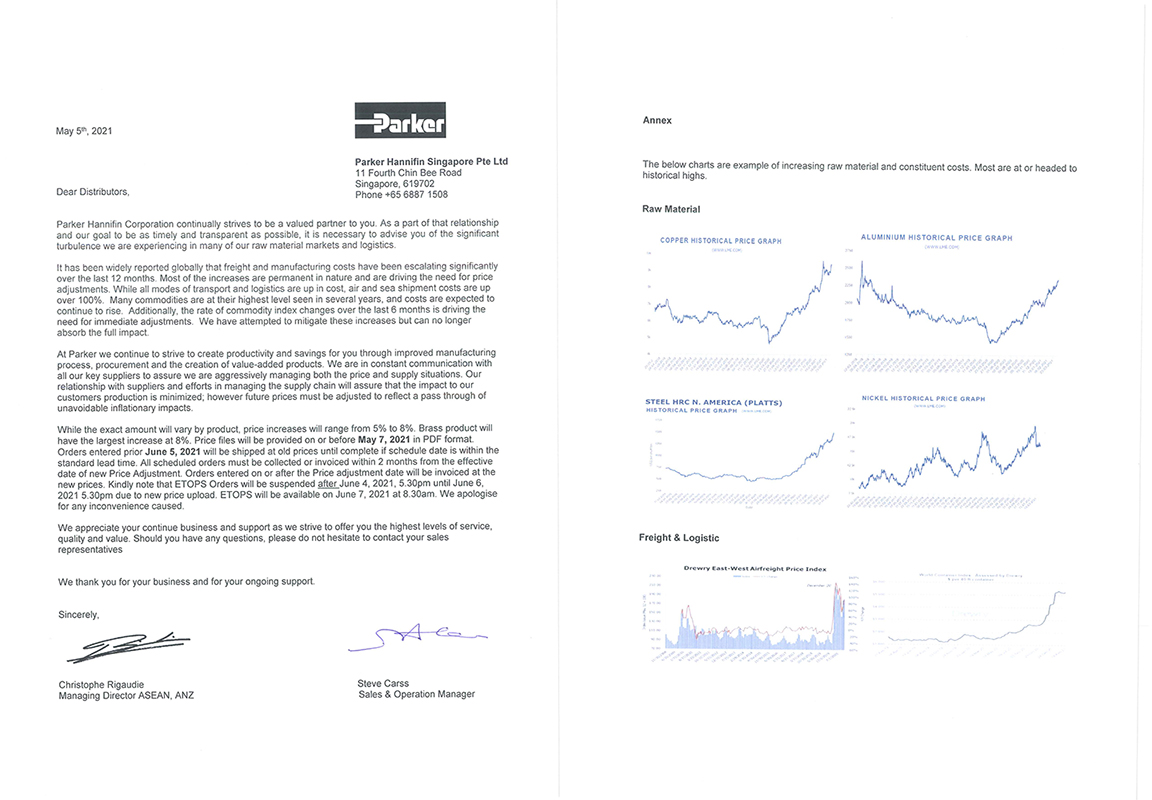 THÔNG BÁO VỀ VIỆC TĂNG GIÁ CÁC SẢN PHẨM PARKER