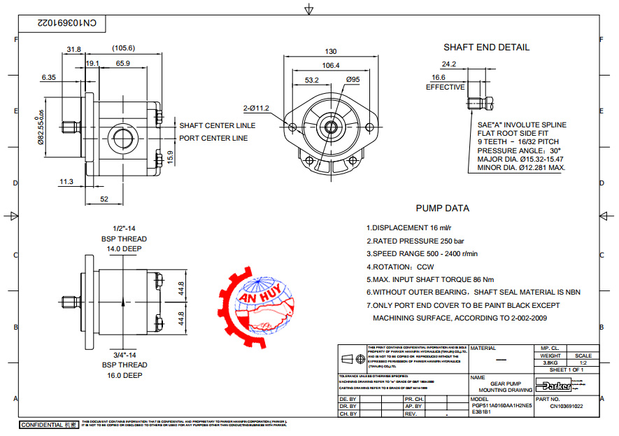 Bản vẽ kích thước lắp đặt bơm bánh răng 2 tầng CN103692022