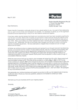 THÔNG BÁO VỀ VIỆC TĂNG GIÁ CÁC SẢN PHẨM PARKER