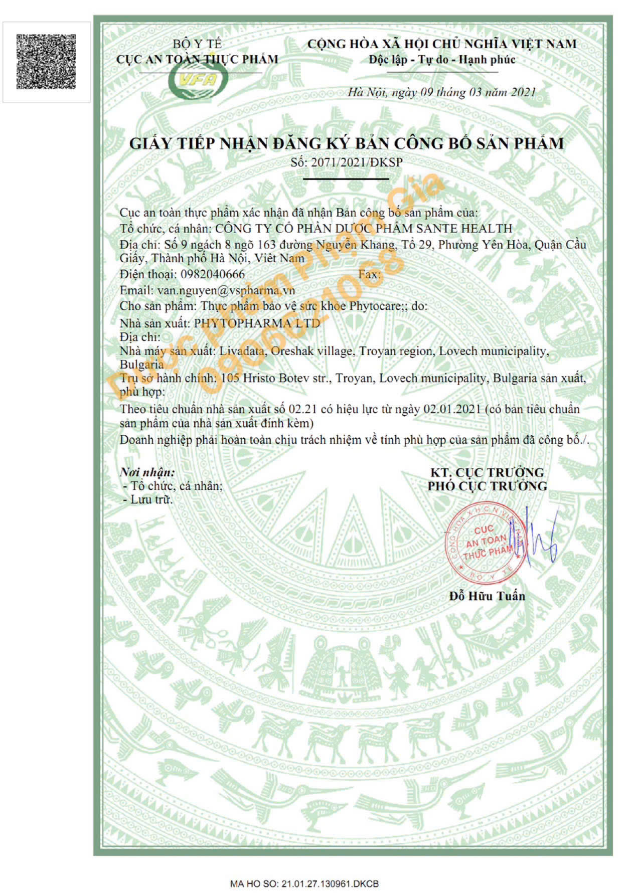 GIẤY CÔNG BỐ VỚI CỤC AN TOÀN THỰC PHẨM - BỘ Y TẾ