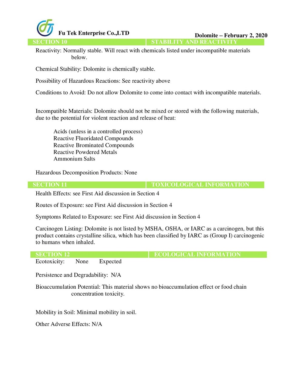 MSDS ĐÁ DOLOMITE 4