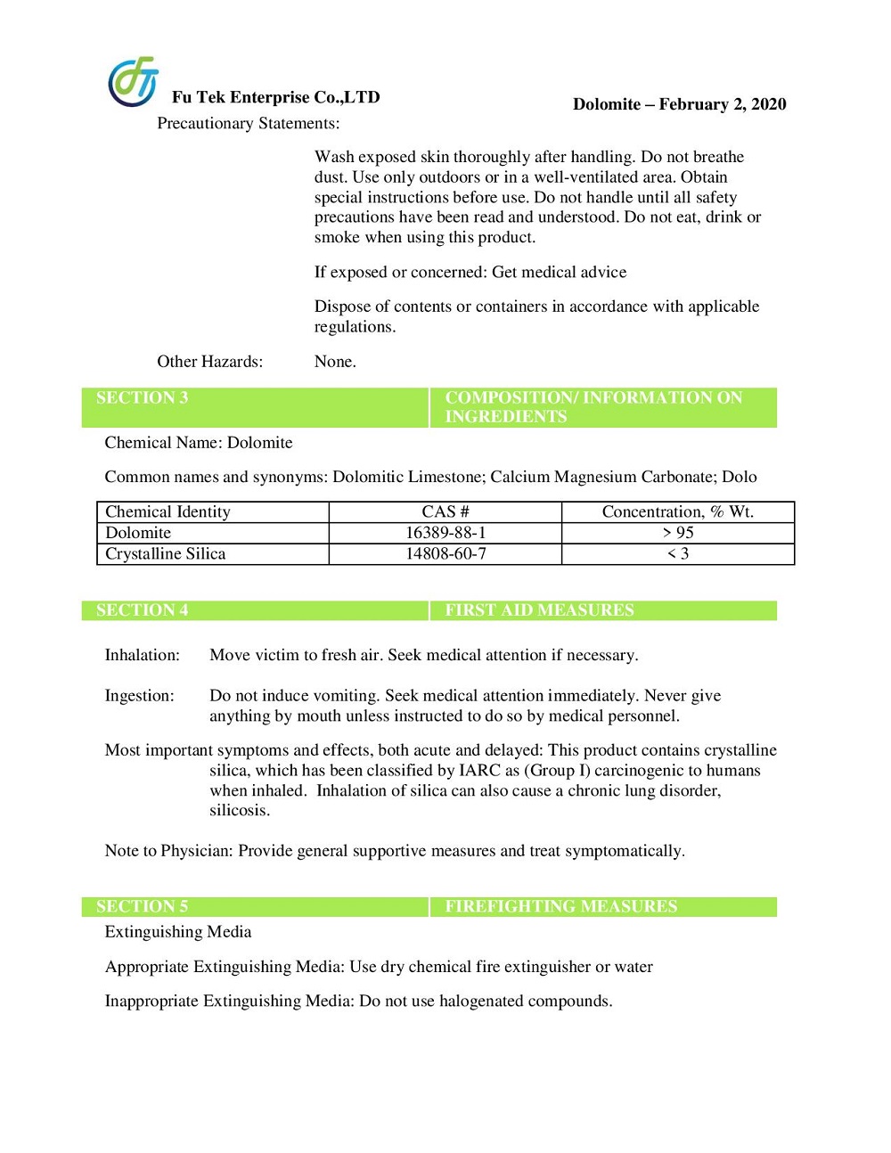 MSDS ĐÁ DOLOMITE 1