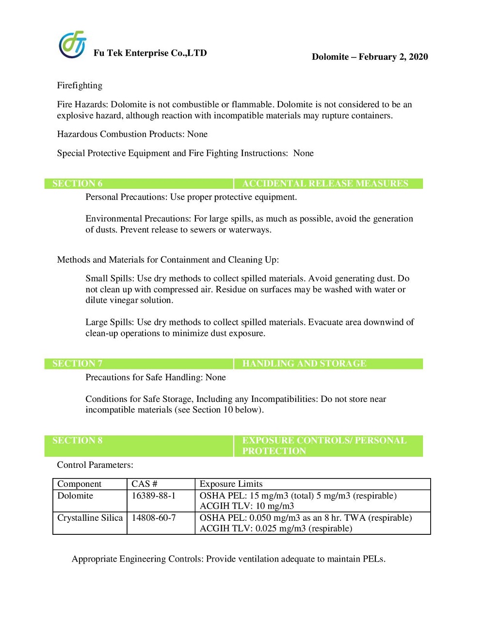MSDS ĐÁ DOLOMITE 2