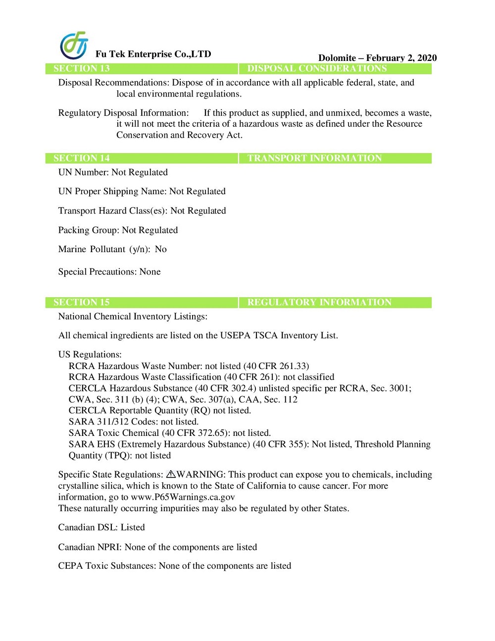 MSDS ĐÁ DOLOMITE 5