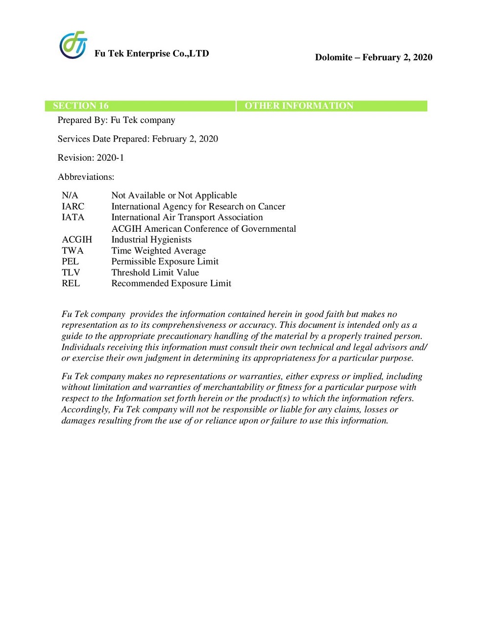 MSDS ĐÁ DOLOMITE 6
