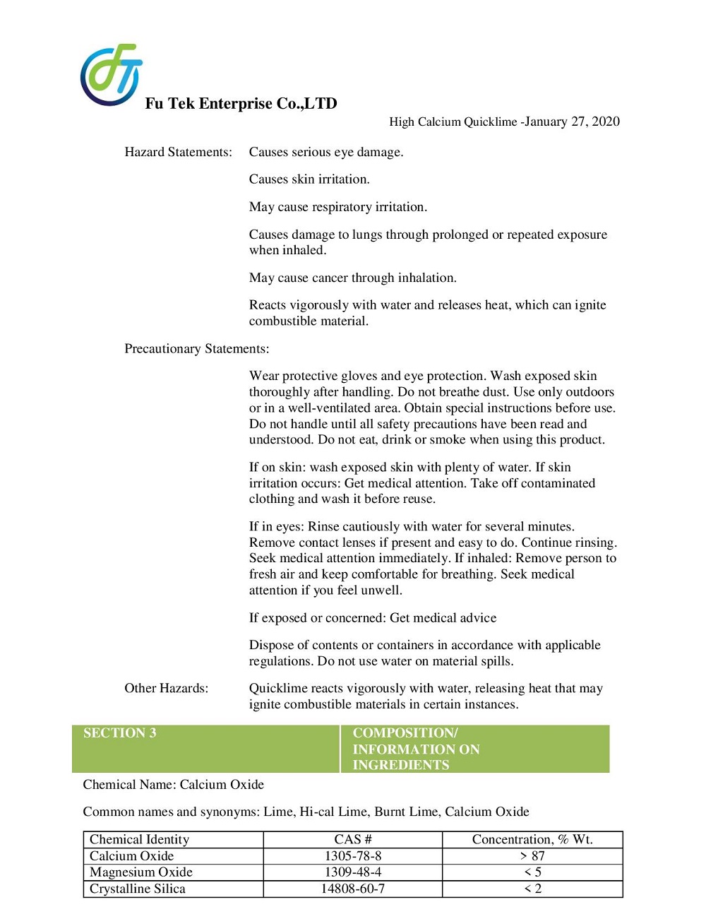 MSDS VÔI SỐNG 1