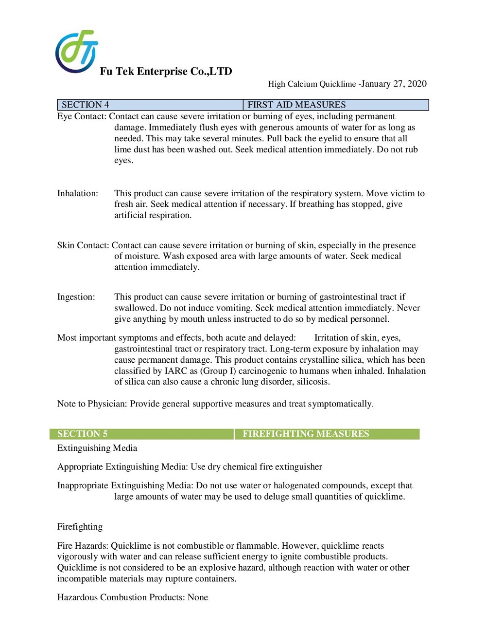 MSDS VÔI SỐNG 2