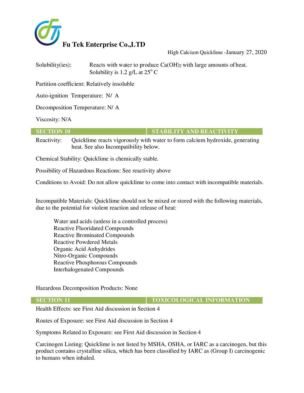 MSDS VÔI SỐNG 5