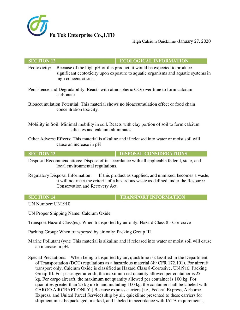 MSDS VÔI SỐNG 6