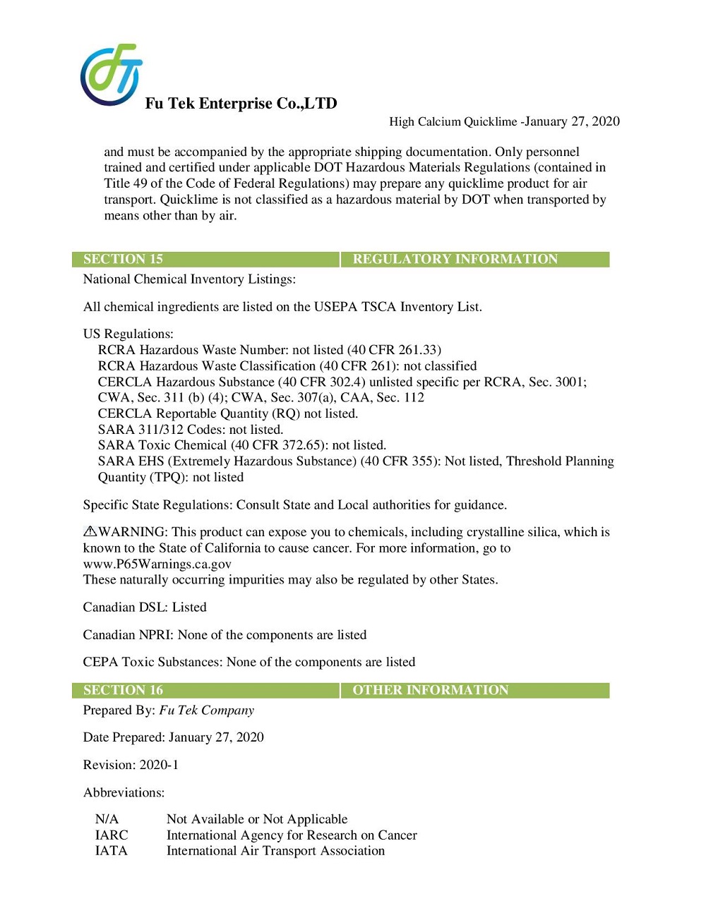 MSDS VÔI SỐNG 7