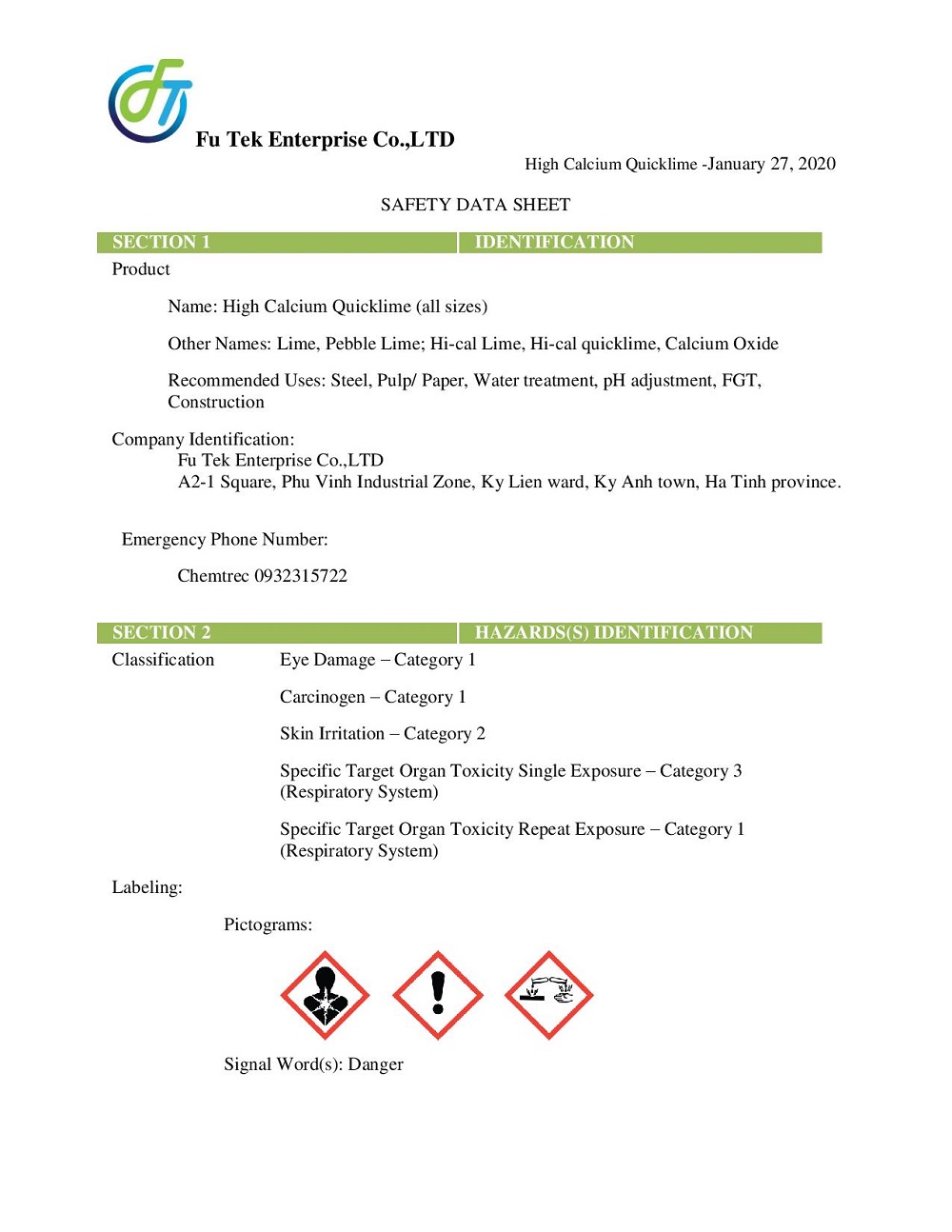 MSDS VÔI SỐNG