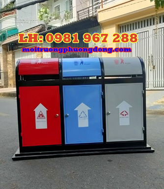 Thùng rác ngoài trời 3 ngăn bằng thép sơn tĩnh điện