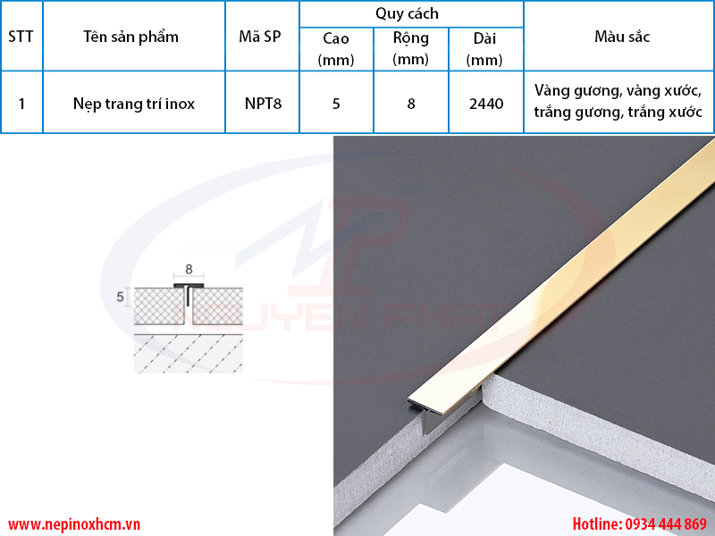 Thông số kích thước nẹp inox t 8mm