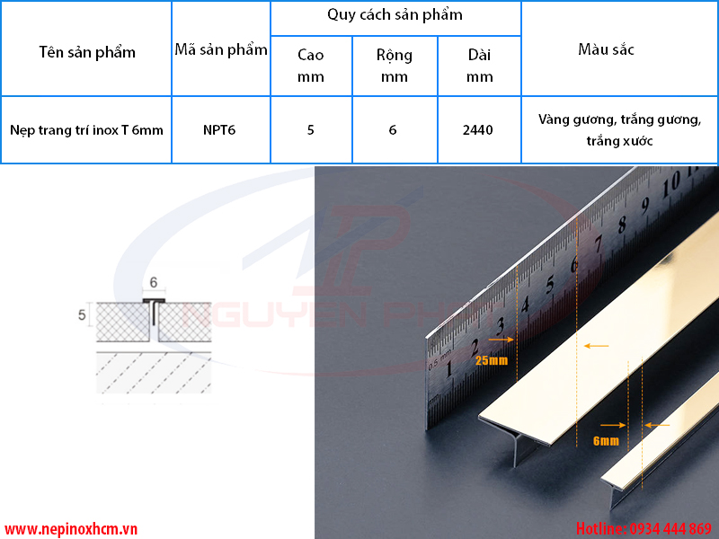 Thông số kích thước nẹp inox chữ T 6mm