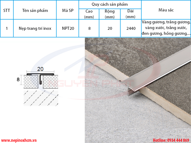Thông số nẹp inox chữ T 20mm