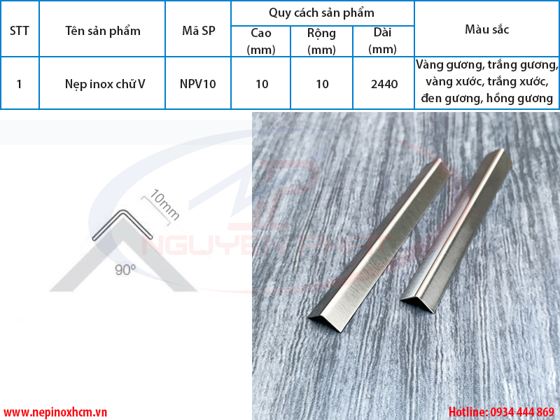 Thông số nẹp inox chữ V 10mm