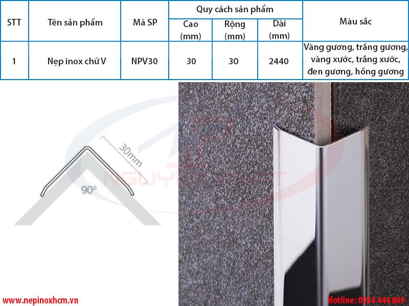 Thông số nẹp inox chữ V 30mm