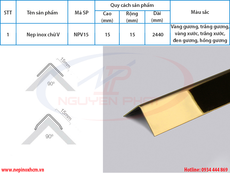 Thông số nẹp inox chữ V 15mm