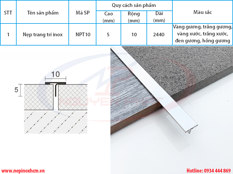 Thông số kỹ thuật nẹp inox trang trí nội thất T10mm